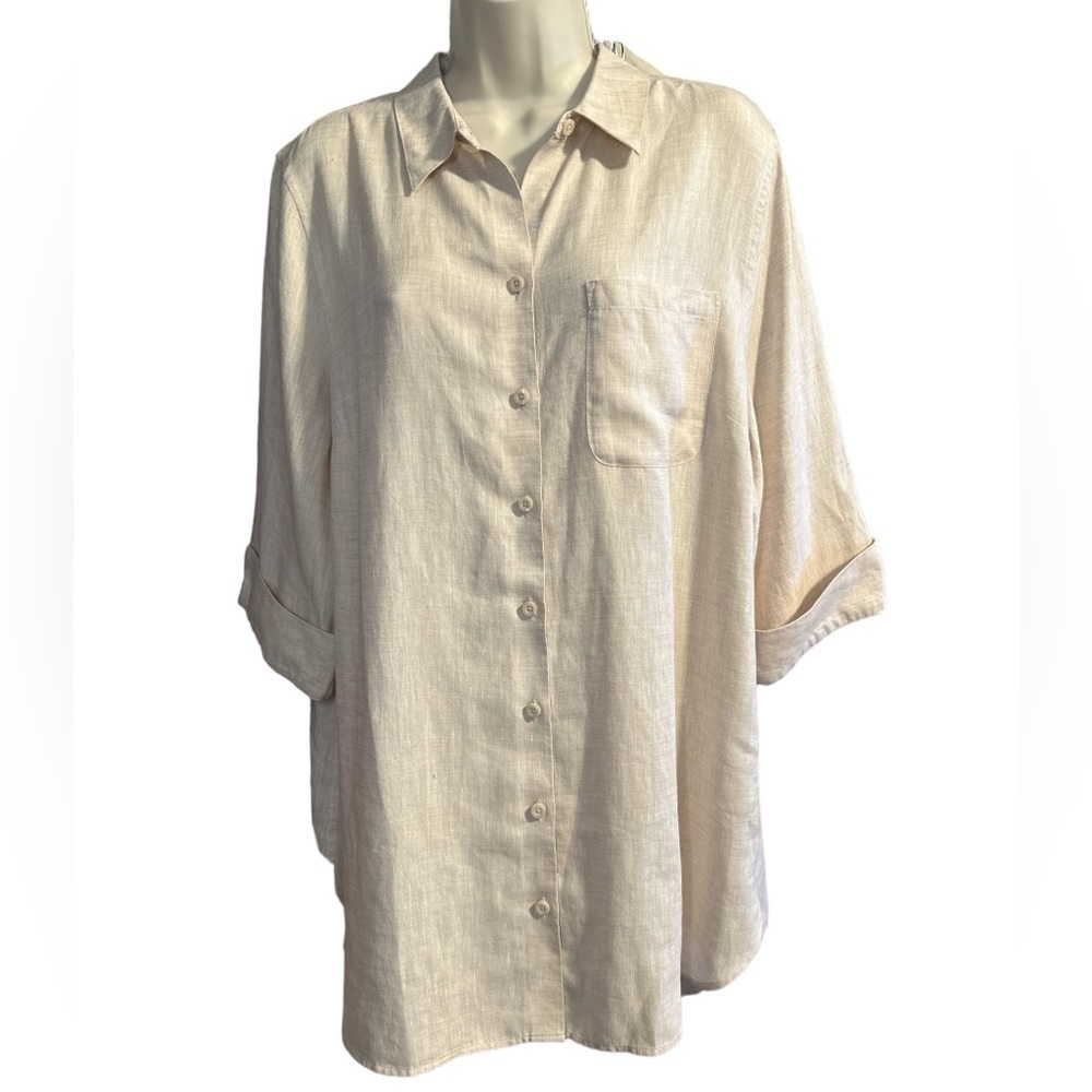 Chicos Collared Button Down Classic Fit No Iron Linen 3/4 Length Sleeve Neutral